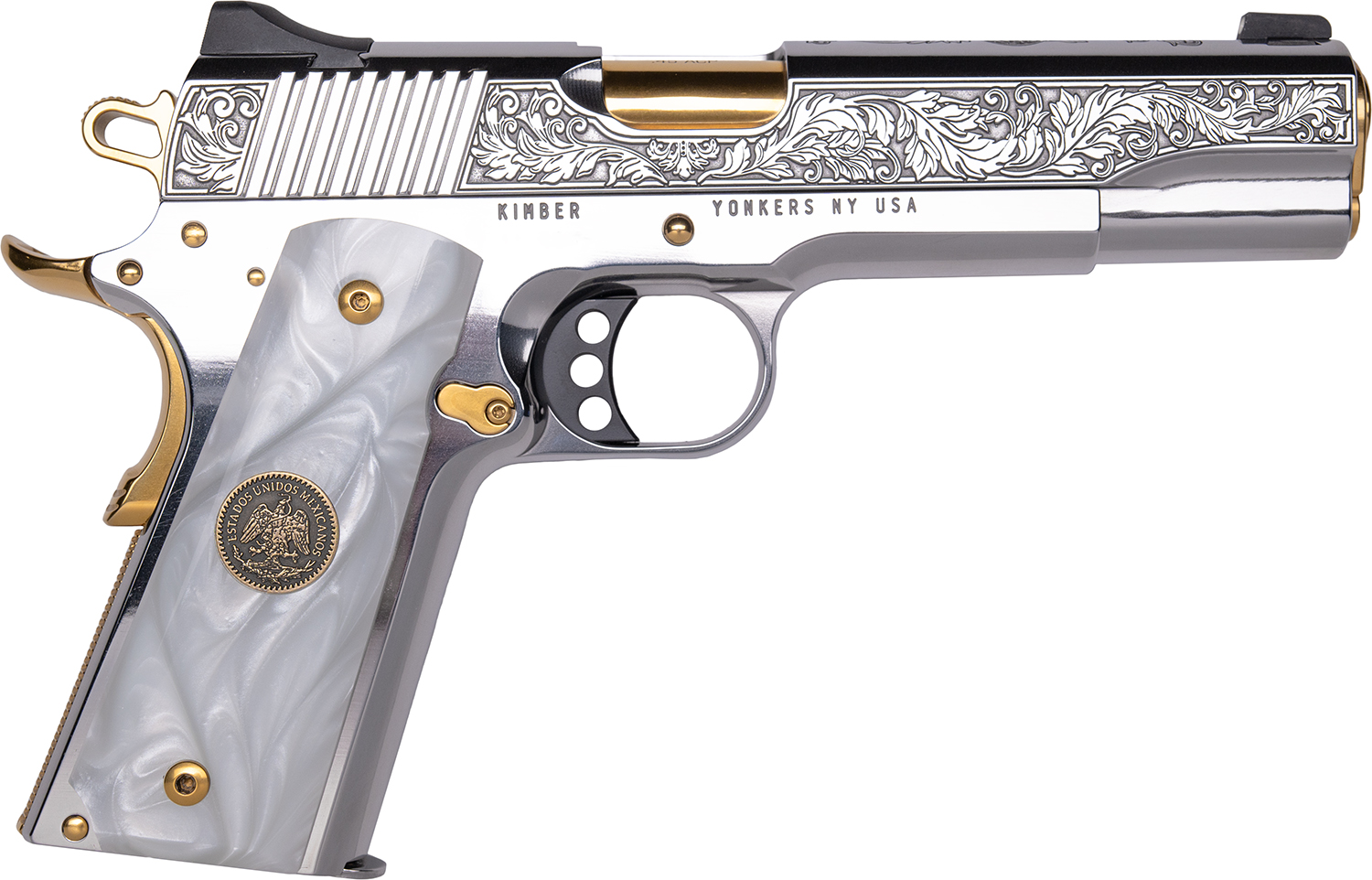 Cnc Firearms CNCPATRIA Kimber 1911 Patria 38 Super Gold Plated PVD Barrel, Polished Stainless Steel Engraved/Serrated Slide, Stainless w/Gold Accents Frame, Pearl Grip