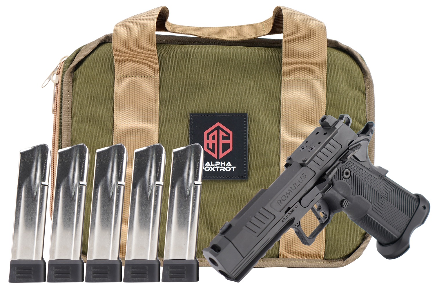 Alpha Foxtrot AA39X1QIG-XDBK20-PROM AF1911 Romulus Promo Compact Frame 9mm Luger 20+1 3.50" Black DLC Threaded Compensated Barrel, Black DLC Stainless Steel Optic Ready/Serrated Slide Frame w/Beaver