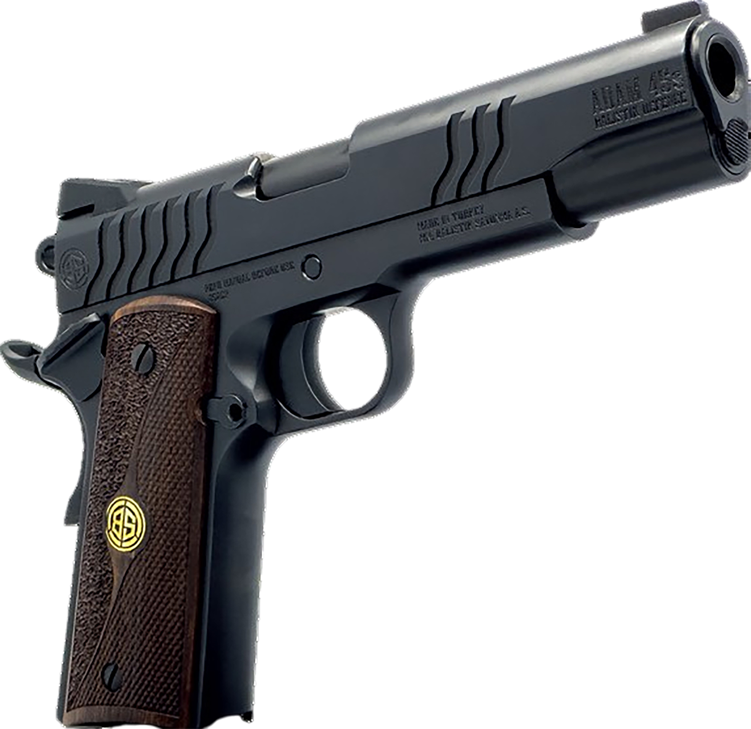 Dickinson LLC DCKSN45BS 1911 Adam 45 ACP 8+1 5" Black Steel Barrel, Shiny Black Serrated Aluminum Slide Steel Frame, Wood Grip